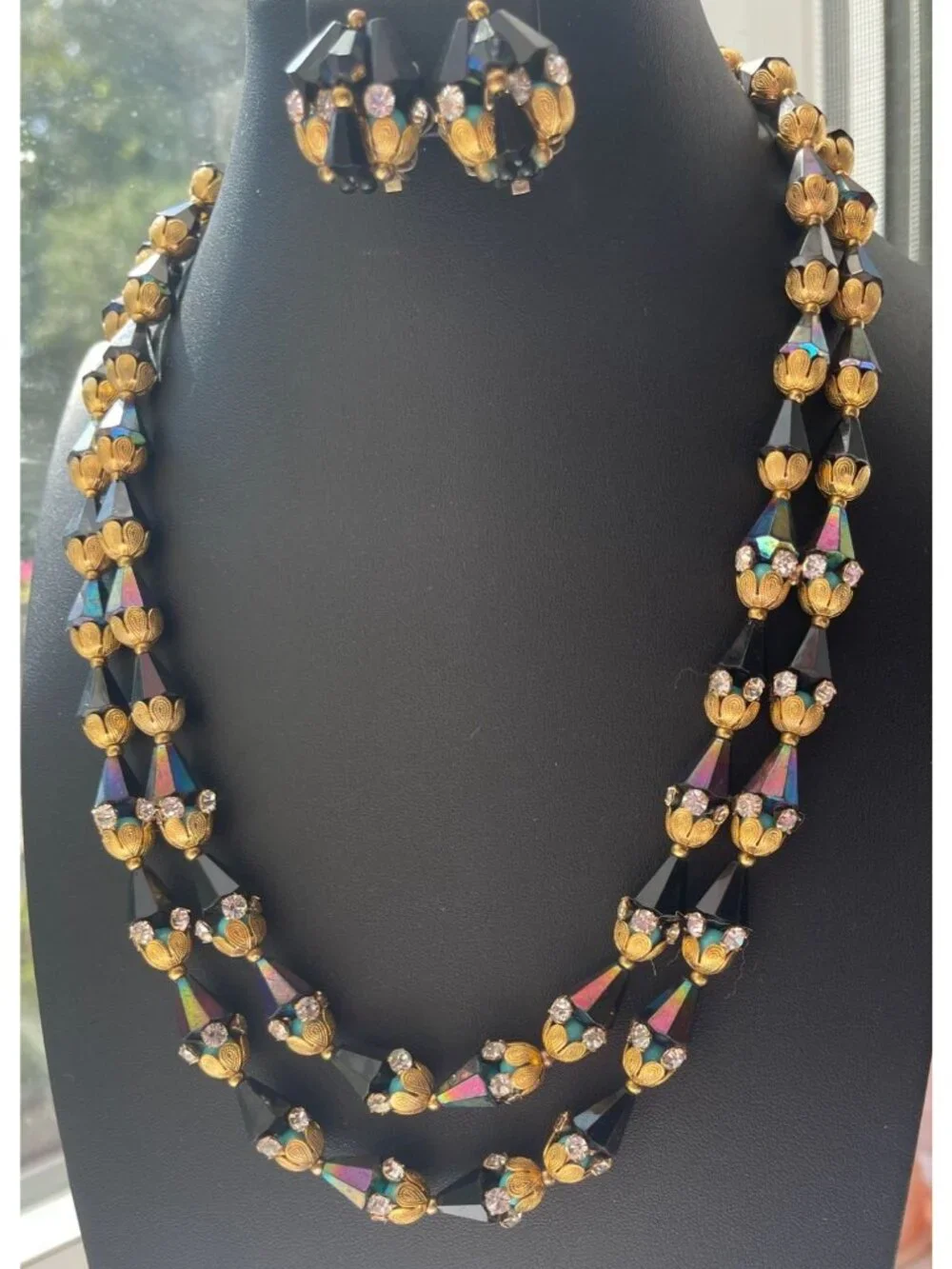 Vtg Demi Parure Double Strand Necklace & Earrings W/ Aurora Borealis Bugle Beads